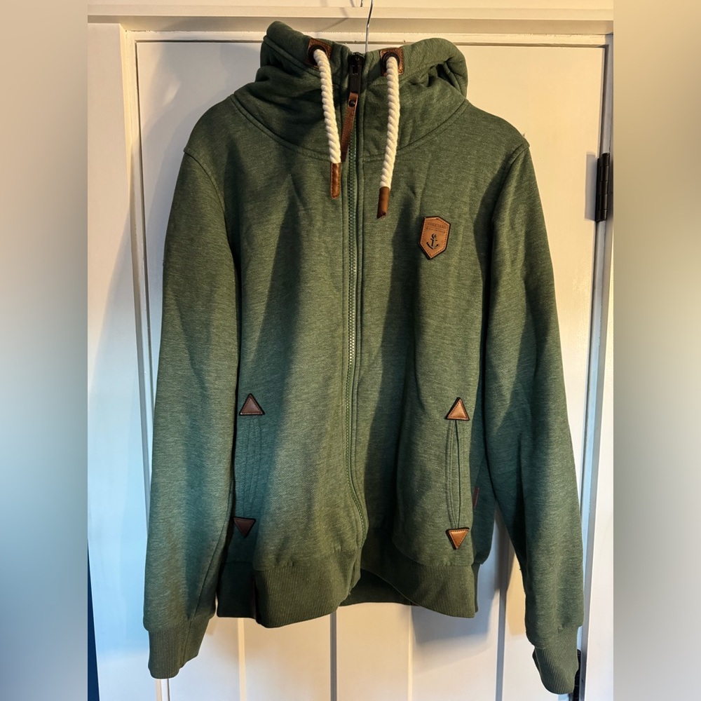 Immaculate condition 🌿 Naketano Green Zip-Up Hoodie with Leather Accents 🌿